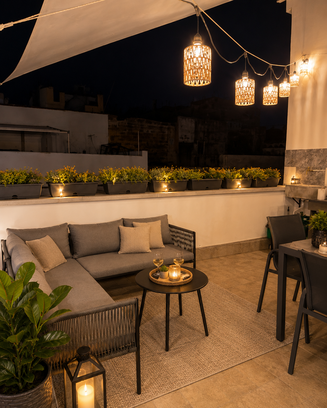 La Dimora del Duomo — terrazza con poltrona sospesa e insegna illuminata a Terrasini